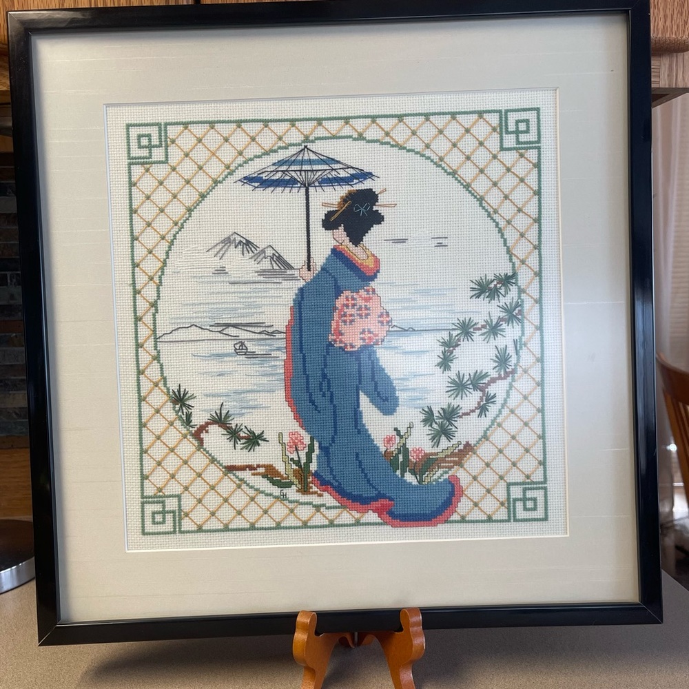 Elegant Framed Geisha Wall Art in Blue and Pink